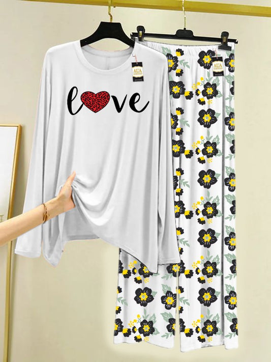 White Red Heart Love Printed Nightwear Set with Flower Printed Trousers – Women's Lounge Wear (005)