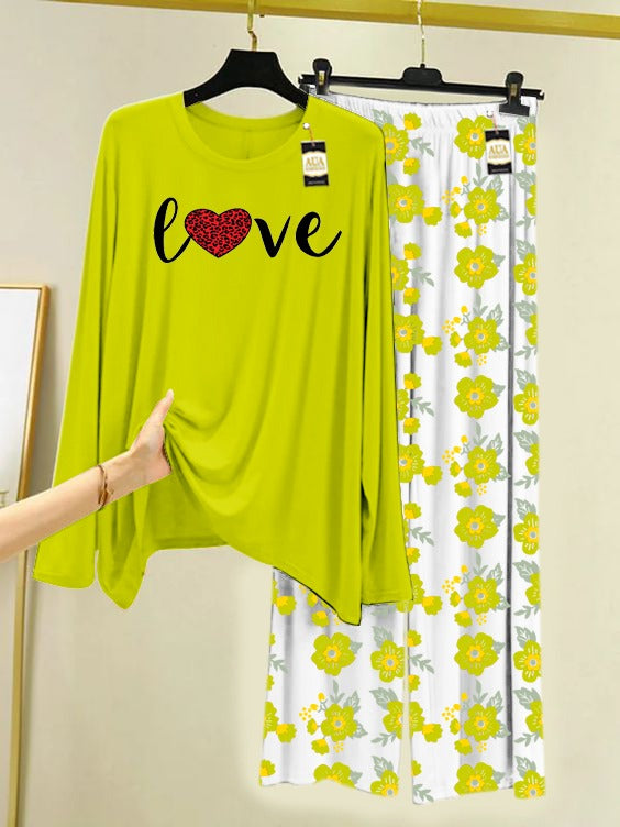 Light Green Red Heart Love Printed Nightwear Set with Flower Printed Trousers – Women's Lounge Wear (005)