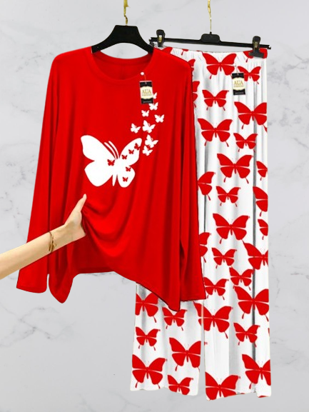 Red Flying Butterflies Printed Nightwear Set with Butterfly Printed Trousers – Women's Lounge Wear (003)