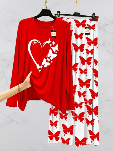 Red Women Heart Printed Nightwear Set with Butterfly Printed Trousers – Women's Lounge Wear (003)