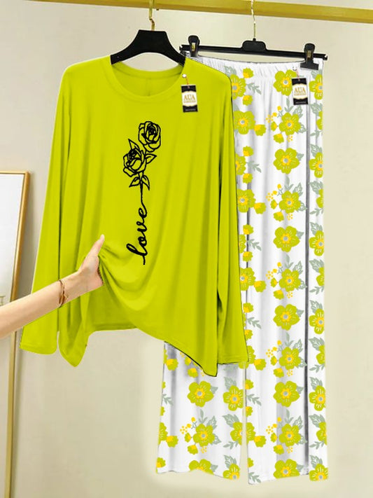 Light Green Rose Love Printed Nightwear Set with Flower Printed Trousers – Women's Lounge Wear (005)