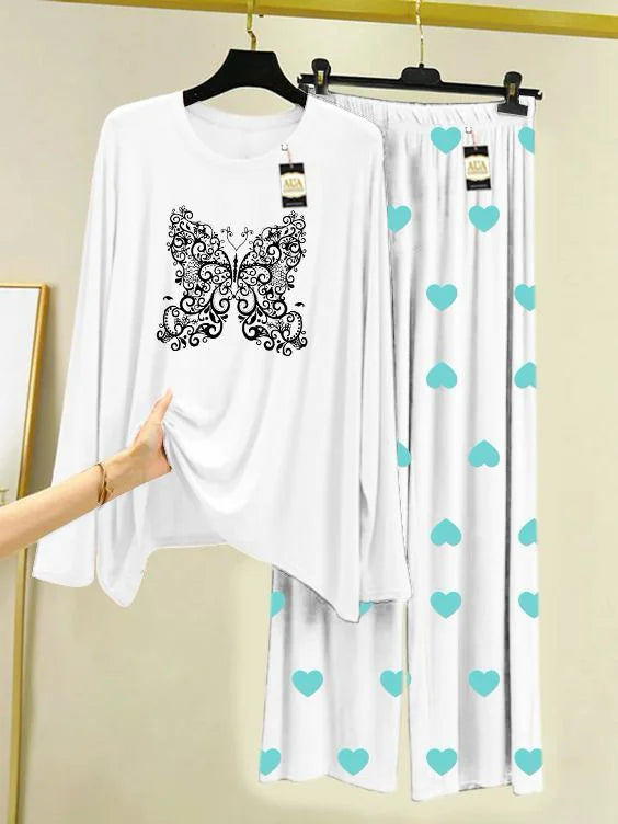 White BIg Butterflies Mini Heart Printed Trouser (001)