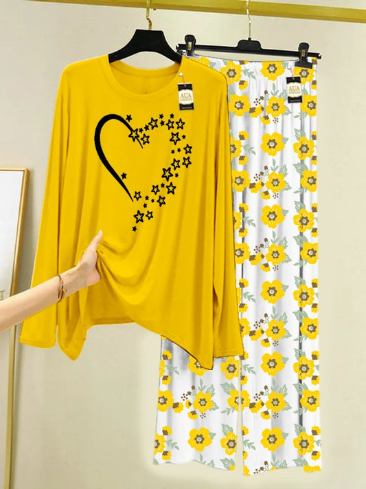 Yellow Star Heart Printed Nightwear Set with Flower Printed Trousers – Women's Lounge Wear (005)