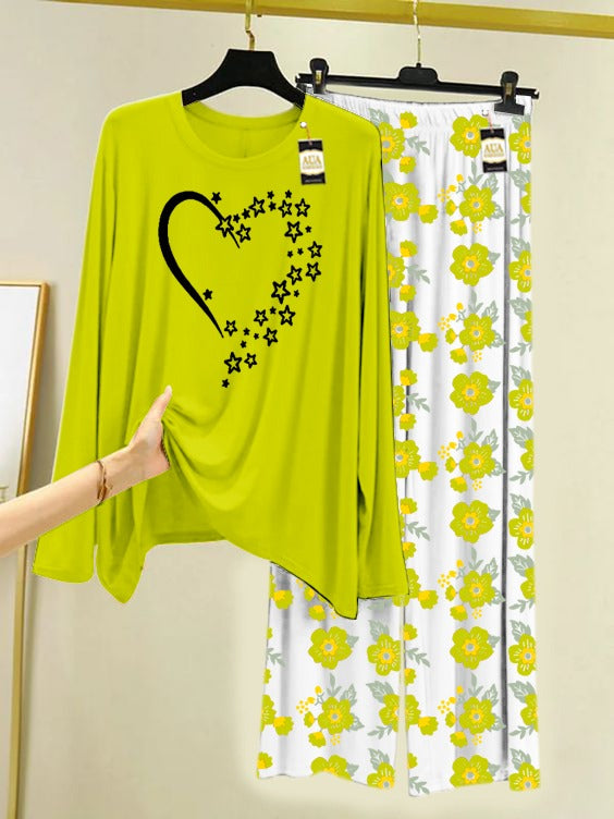 Light Green Star Heart Printed Nightwear Set with Flower Printed Trousers – Women's Lounge Wear (005)