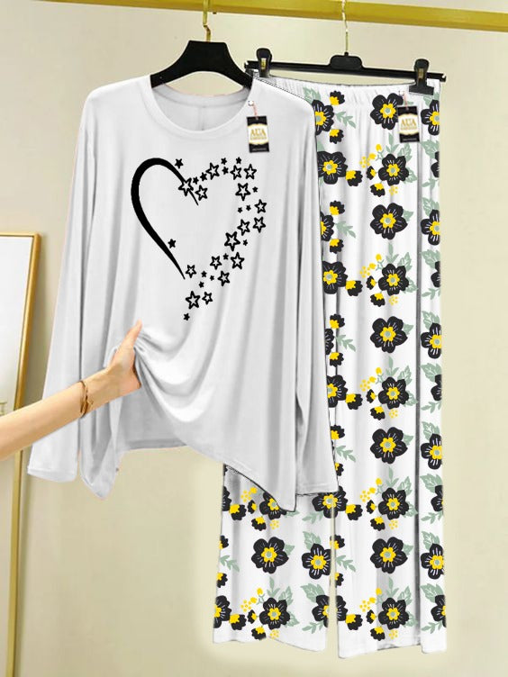 White Star Heart Printed Nightwear Set with Flower Printed Trousers – Women's Lounge Wear (005)