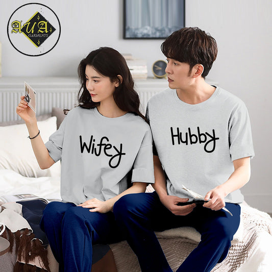 Wifey & Hubby Printed Couple Night Suit for Men and Women Pack of 2 (7 colours)