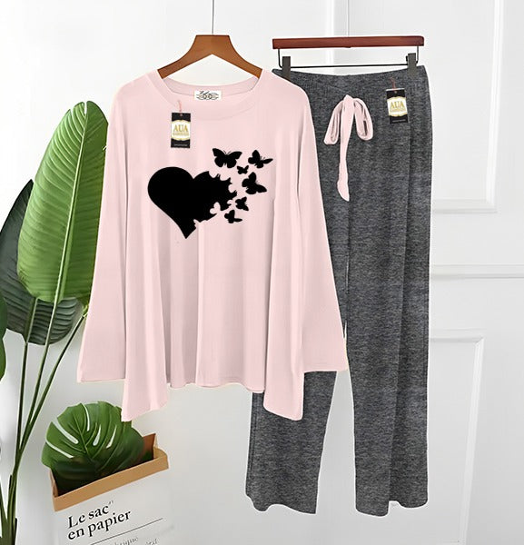 2 Piece Printed Nightwear Sleepwear For Girls And Women Side panel trouser heart print