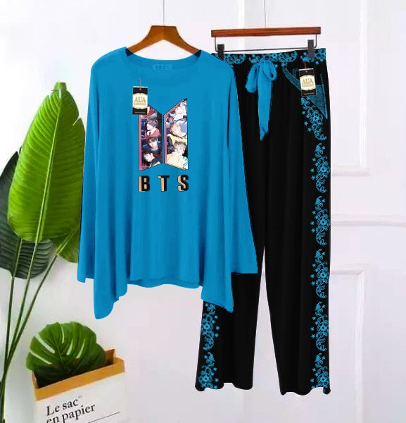 2 Piece Printed Nightwear Sleepwear For Girls And Women Side panel trouser print blue