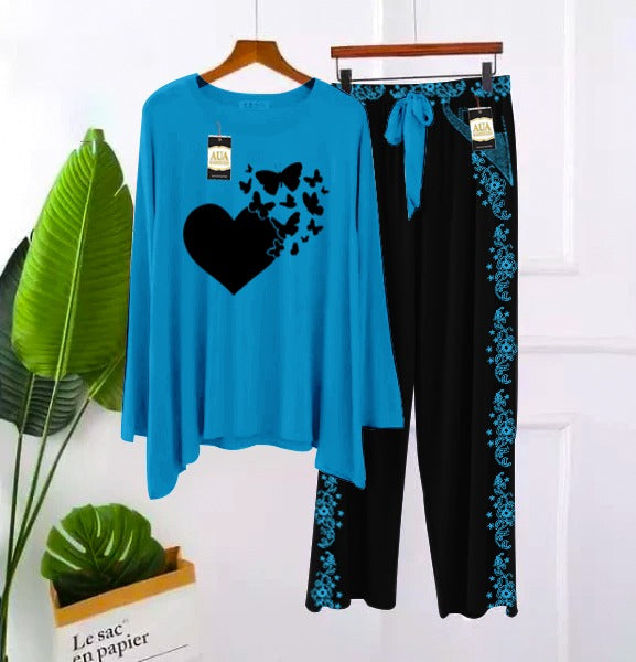 2 Piece Printed Nightwear Sleepwear For Girls And Women Side panel trouser print blue