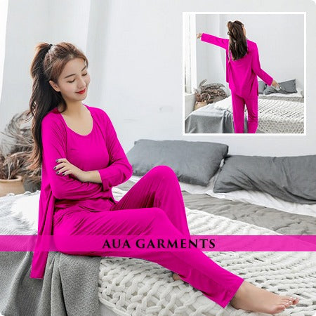 3Pcs Pajama Suit Women Modal Long-Sleeved Vest For Leisure Home Wear Female Sleepwear Pink