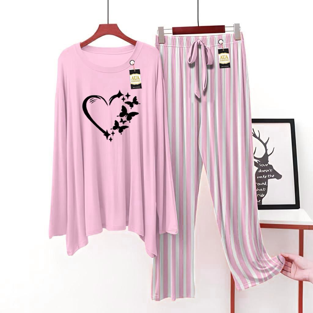 Baby Pink Women's Printed Night Suit with Luxurious Lining Pajamas - Stylish Sleepwear Set for a Cozy Night's Rest (002)