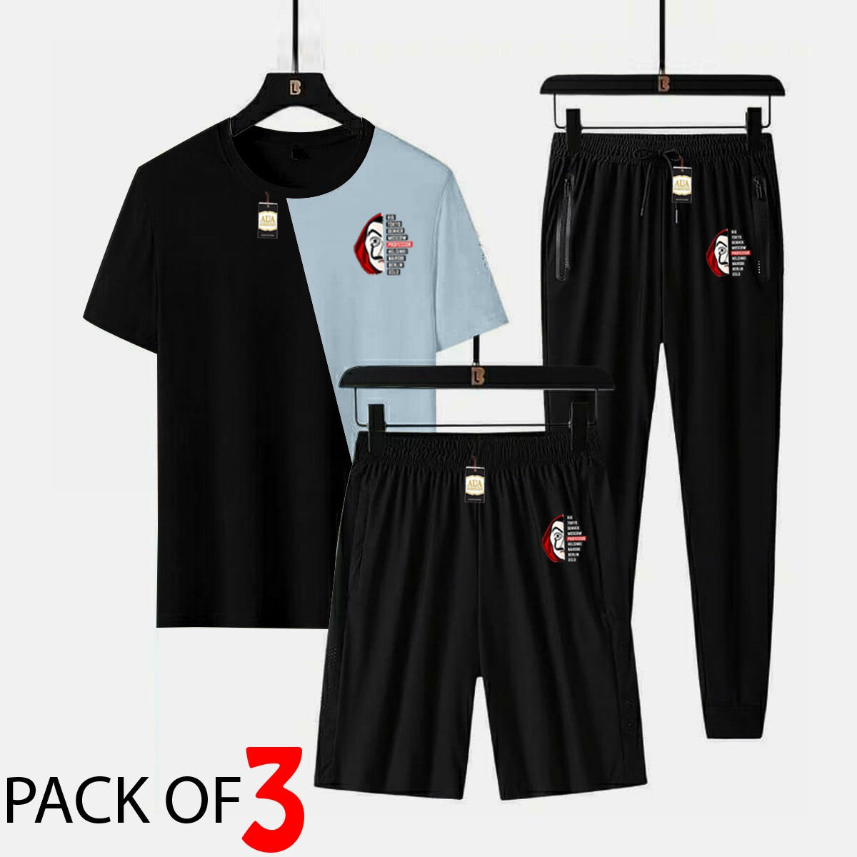 MONEY HEIST Printed 3 piece cross panel tracksuit for men (Panel t shirt + trouser + short)