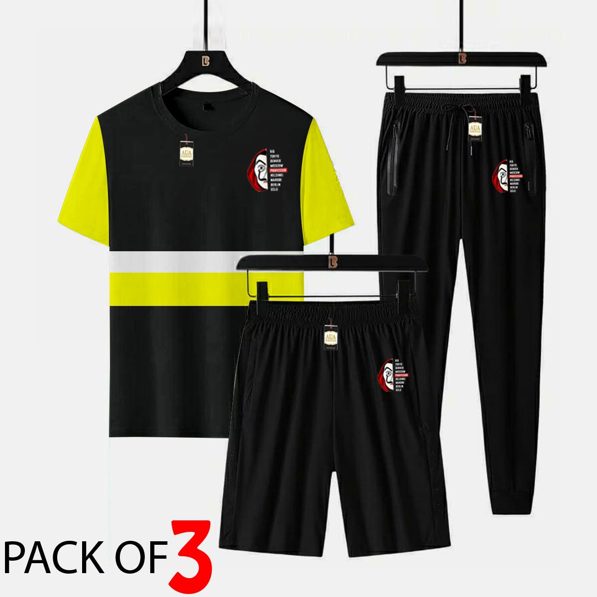 MONEY HEIST Printed 3 piece cross panel tracksuit for men (Panel t shirt + trouser + short)