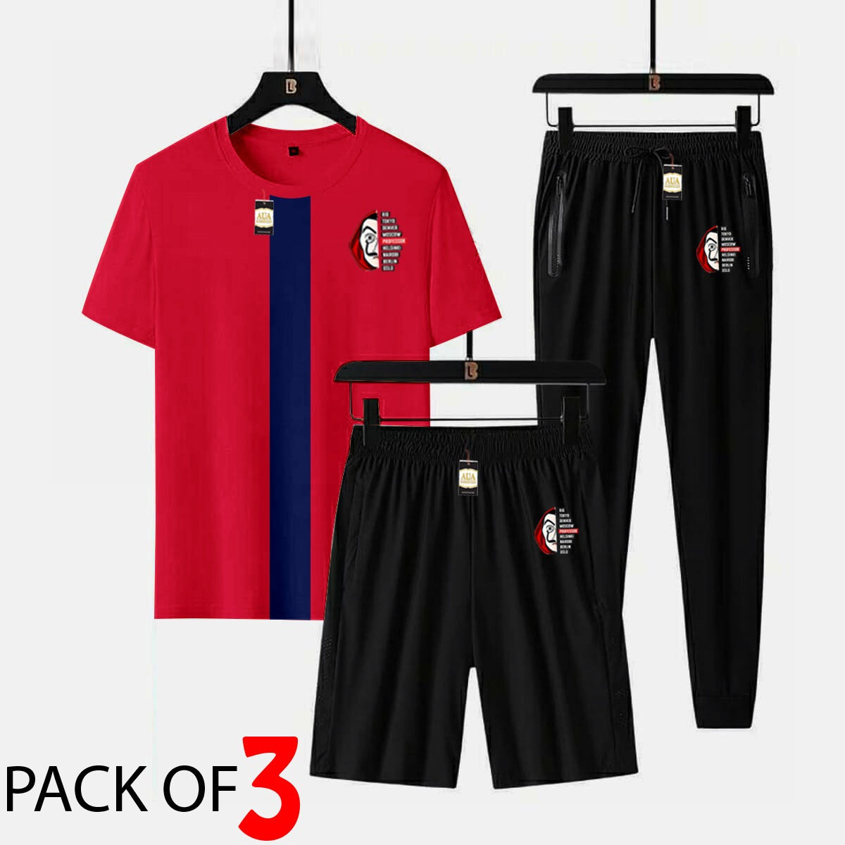 MONEY HEIST Printed 3 piece cross panel tracksuit for men (Panel t shirt + trouser + short)