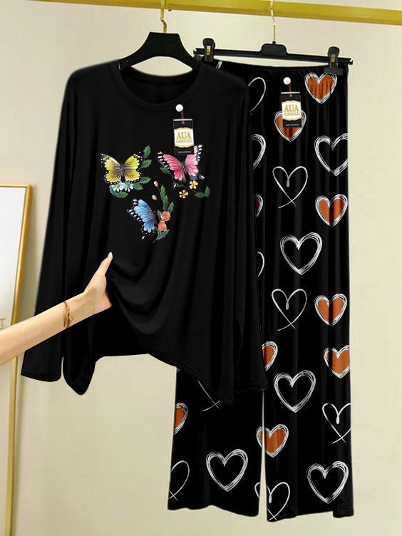 Mini Butterfly Printed Black Color Heart Printed Trouser Lounge wear Nightwear Sleepwear With Heart Prinred Trouser For Women By Auagarments (004)