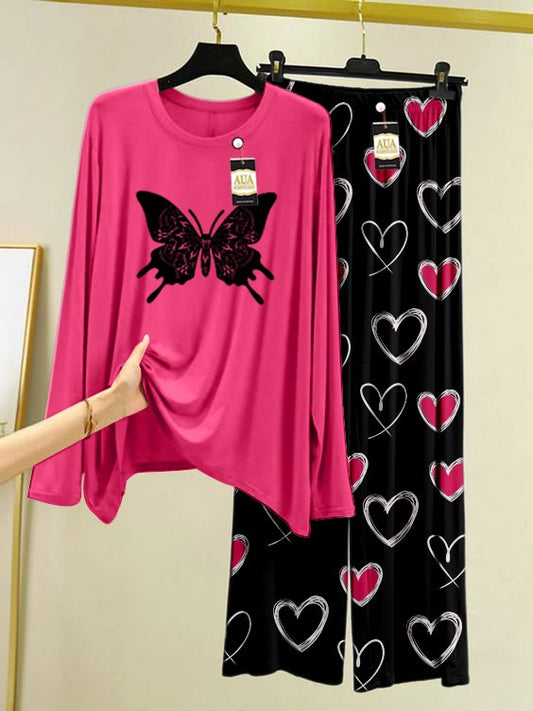 Butterfly Printed Pink Color Heart Printed Trouser Lounge wear Nightwear Sleepwear With Heart Prinred Trouser For Women By Auagarments(004)