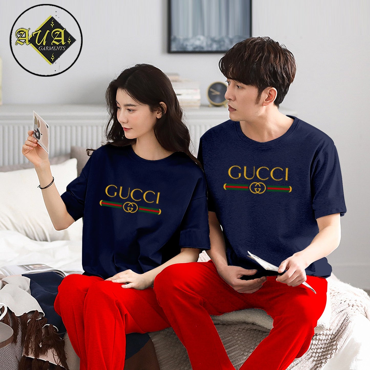 GUCCI Printed Couple Night Suit for Men and Women Pack of 2 ( 12 colours )