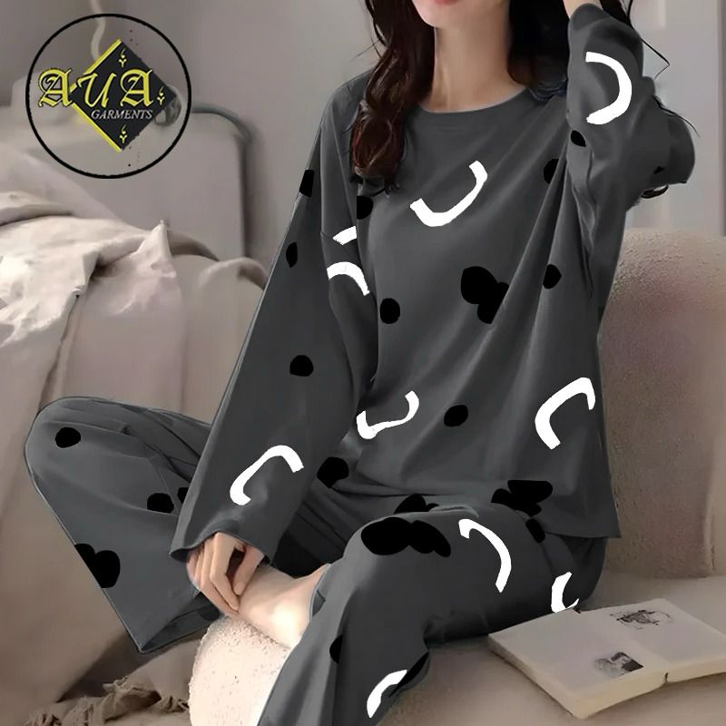 Cute Grey Colour Multi Heart Printed Design Full Sleeves Ladies Night Suit For Womens