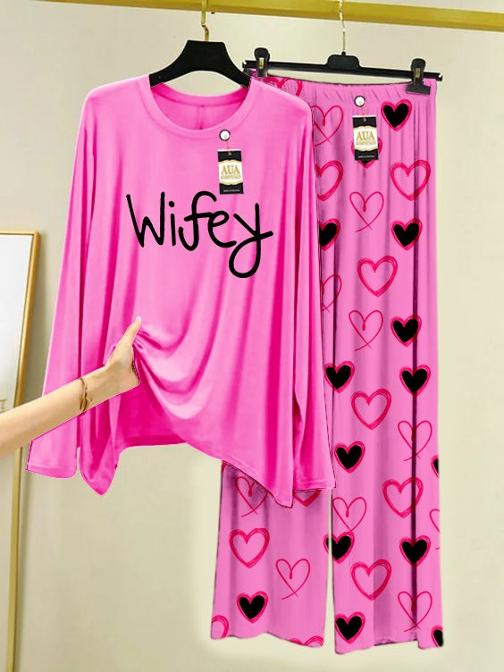 Wifey Printed Lounge wear Nightwear Sleepwear With Heart Prinred Trouser For Women By Auagarments