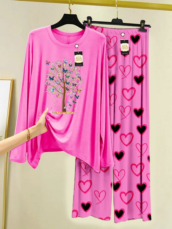 Printed Lounge wear Nightwear Sleepwear With Heart Prinred Trouser For Women By Auagarments (004)