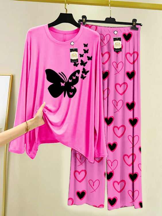 Butterfly Printed Heart Printed Trouser Lounge wear Nightwear Sleepwear With Heart Prinred Trouser For Women By Auagarments (004)