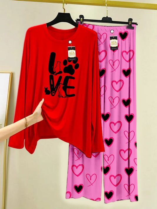 Love Printed Lounge wear Nightwear Sleepwear With Heart Prinred Trouser For Women By Auagarments (004)