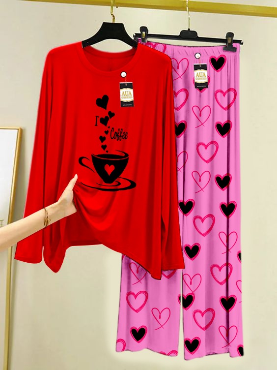 I Love Coffee Printed Lounge wear Nightwear Sleepwear With Heart Prinred Trouser For Women By Auagarments (004)