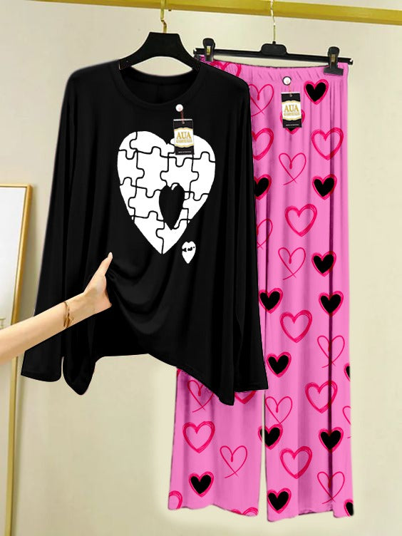 Puzzle Heart Printed Heart Printed Trouser Lounge wear Nightwear Sleepwear With Heart Prinred Trouser For Women By Auagarments (004)