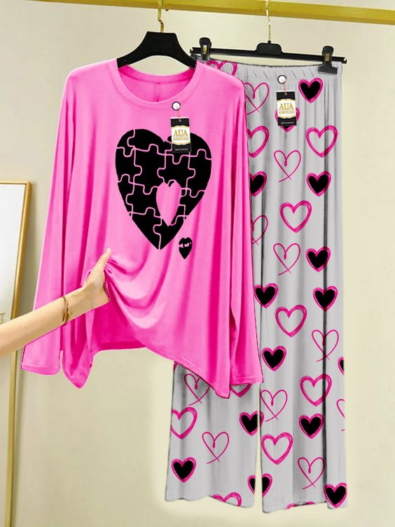 Puzzle Heart Printed Heart Printed Trouser Lounge wear Nightwear Sleepwear With Heart Prinred Trouser For Women By Auagarments (004)