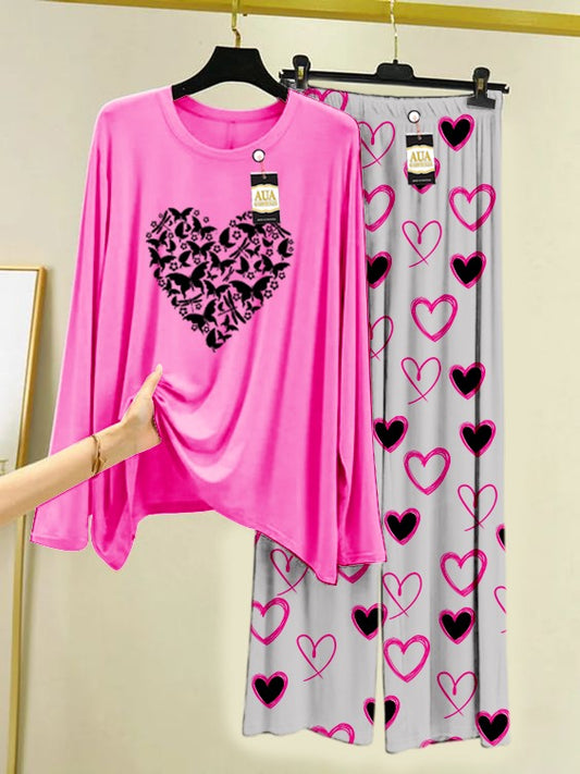 New Heart Printed Lounge wear Nightwear Sleepwear With Heart Prinred Trouser For Women By Auagarments