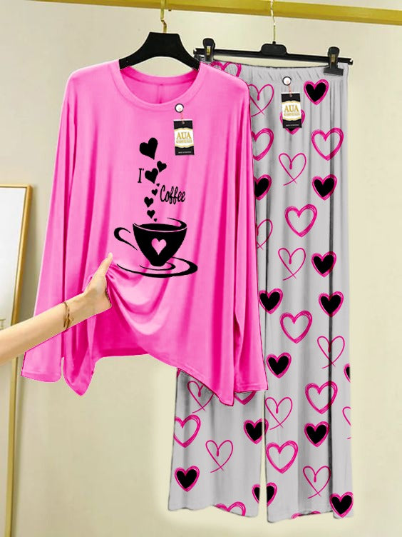 I Love Coffee Printed Lounge wear Nightwear Sleepwear With Heart Prinred Trouser For Women By Auagarments (004)