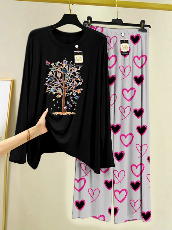 Printed Lounge wear Nightwear Sleepwear With Heart Prinred Trouser For Women By Auagarments (004)