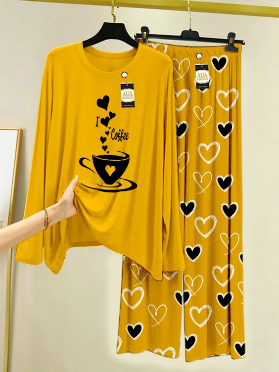 I Love Coffee Printed Lounge wear Nightwear Sleepwear With Heart Prinred Trouser For Women By Auagarments (004)