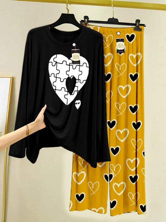 Puzzle Heart Printed Heart Printed Trouser Lounge wear Nightwear Sleepwear With Heart Prinred Trouser For Women By Auagarments (004)