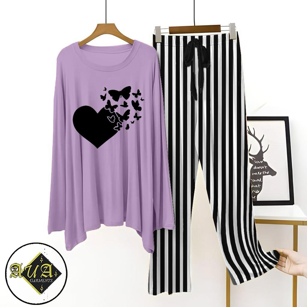 Purple Shirt Black Lining Trouser Printed Night Suit with Luxurious Lining Pajamas Stylish Sleepwear Set for a Cozy Night's Rest (10 Articles)(002)