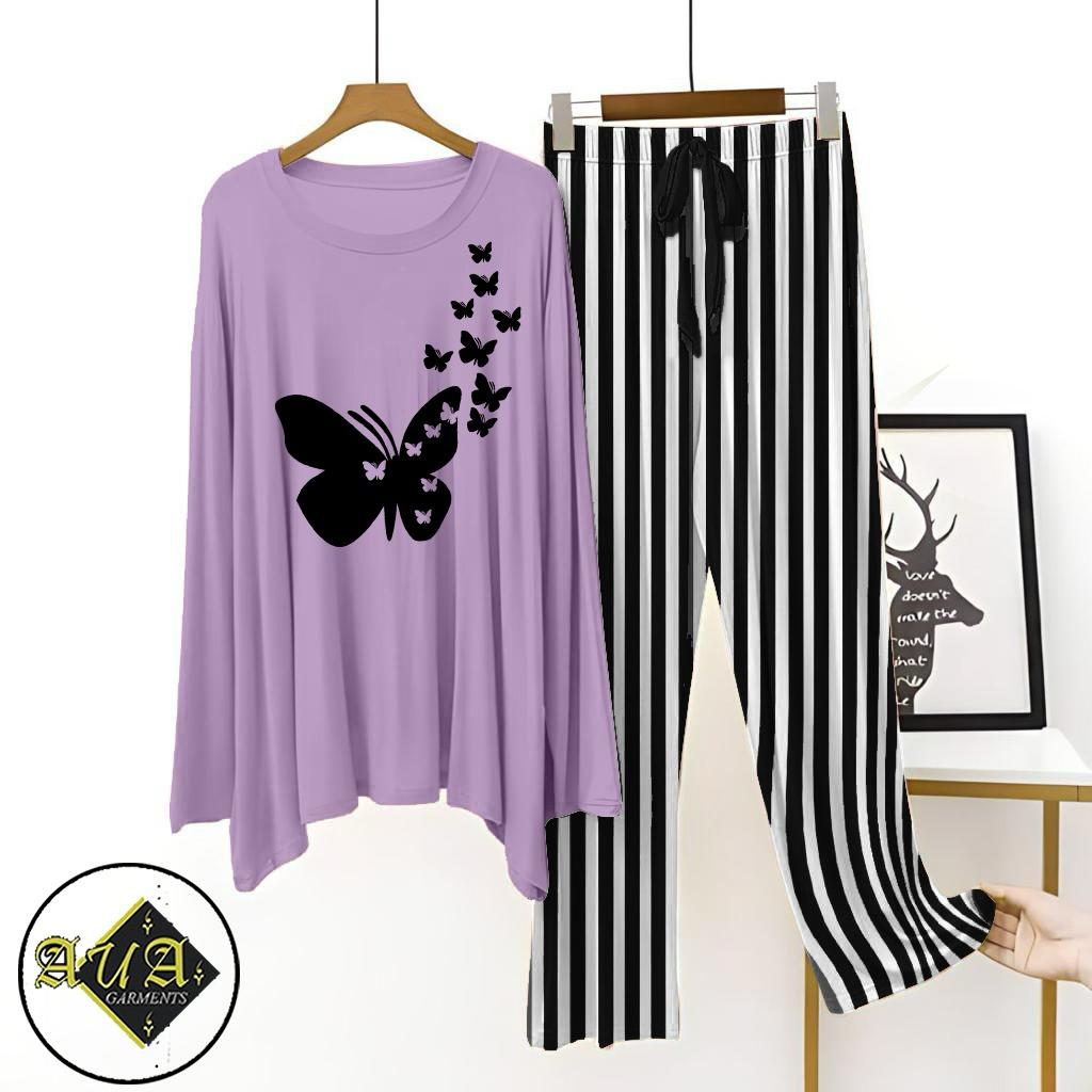 Purple Shirt Black Lining Trouser Printed Night Suit with Luxurious Lining Pajamas Stylish Sleepwear Set for a Cozy Night's Rest (10 Articles)(002)