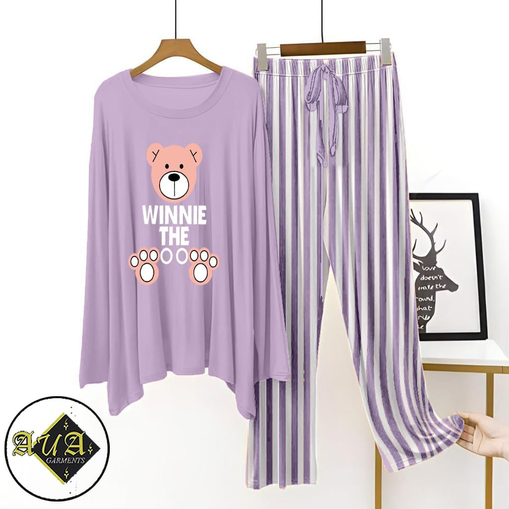 Purple Lining Trouser Printed Night Suit with Luxurious Lining Pajamas Stylish Sleepwear Set for a Cozy Night's Rest (002)