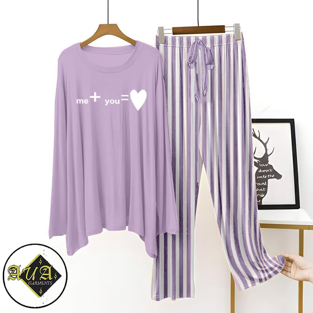 Purple Lining Trouser Printed Night Suit with Luxurious Lining Pajamas Stylish Sleepwear Set for a Cozy Night's Rest (002)