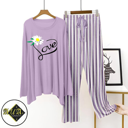 Purple Lining Trouser Printed Night Suit with Luxurious Lining Pajamas Stylish Sleepwear Set for a Cozy Night's Rest (002)