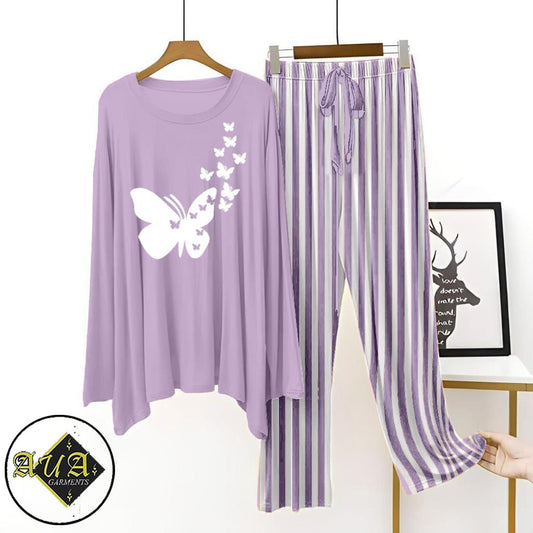 Purple Lining Trouser Printed Night Suit with Luxurious Lining Pajamas Stylish Sleepwear Set for a Cozy Night's Rest (002)