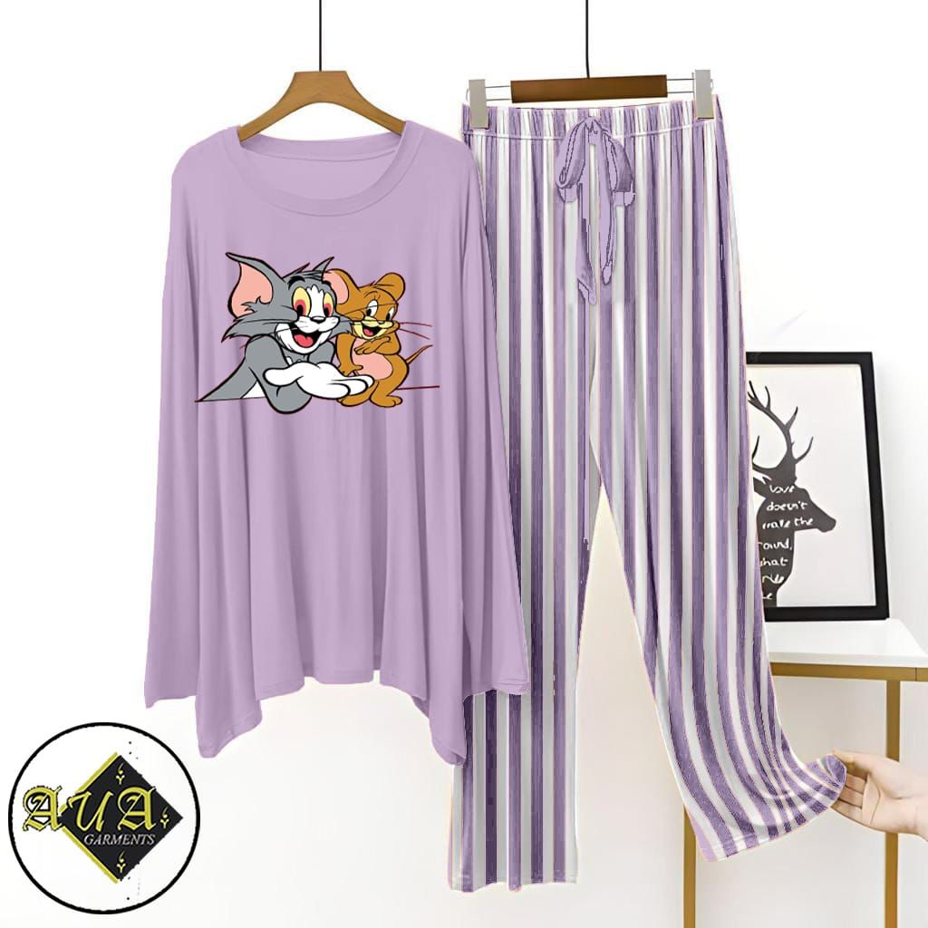 Purple Lining Trouser Printed Night Suit with Luxurious Lining Pajamas Stylish Sleepwear Set for a Cozy Night's Rest (002)