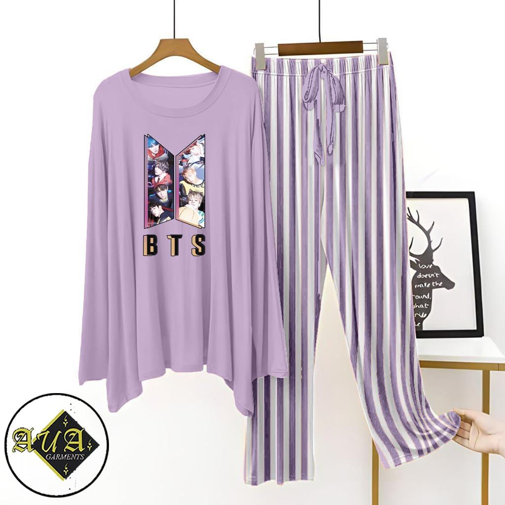 Purple Lining Trouser Printed Night Suit with Luxurious Lining Pajamas Stylish Sleepwear Set for a Cozy Night's Rest (002)