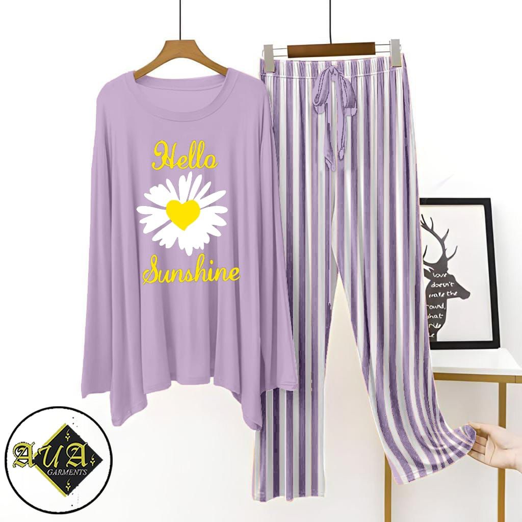 Purple Lining Trouser Printed Night Suit with Luxurious Lining Pajamas Stylish Sleepwear Set for a Cozy Night's Rest (002)