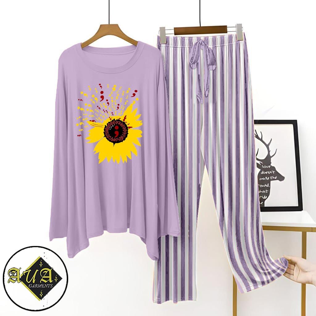 Purple Lining Trouser Printed Night Suit with Luxurious Lining Pajamas Stylish Sleepwear Set for a Cozy Night's Rest (002)