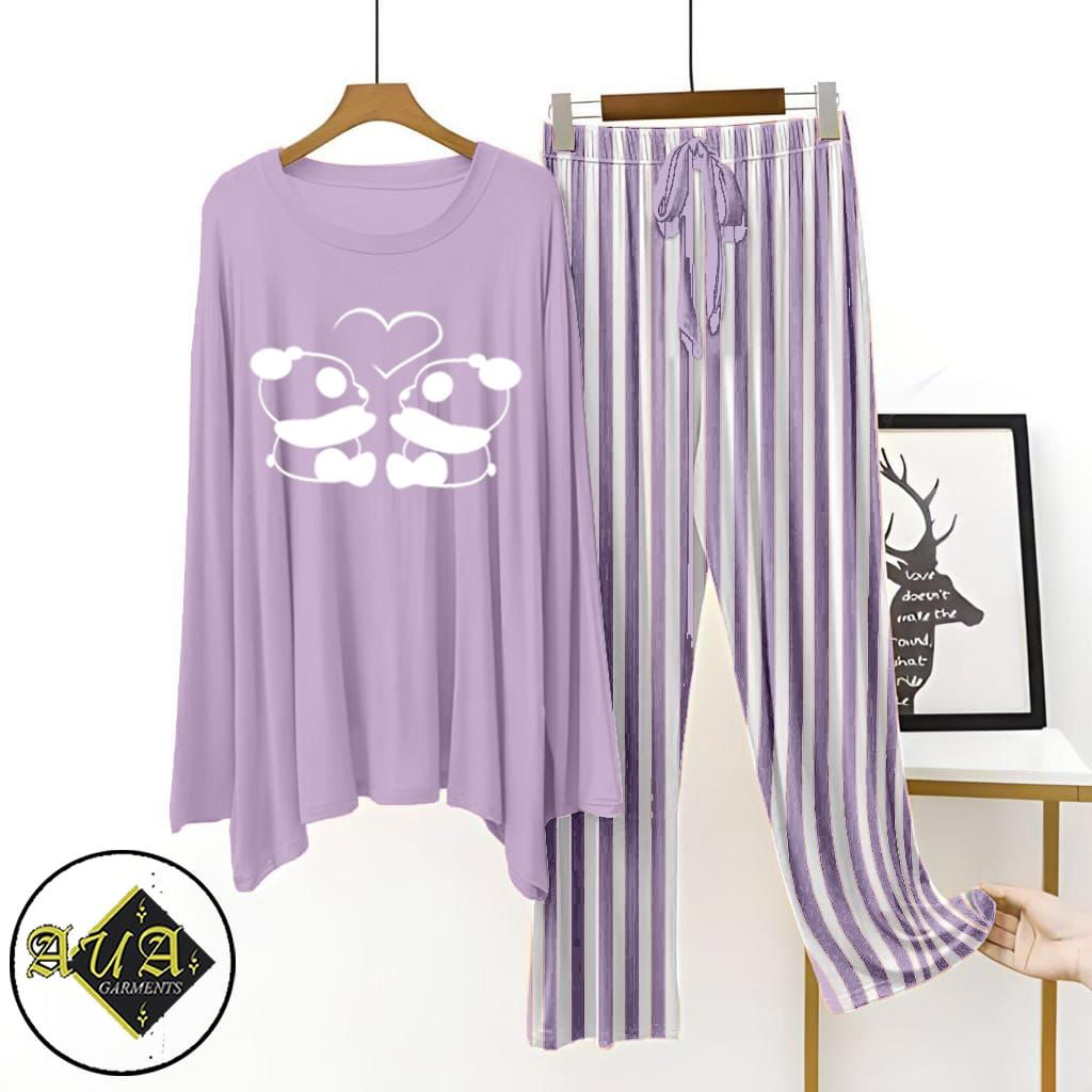 Purple Lining Trouser Printed Night Suit with Luxurious Lining Pajamas Stylish Sleepwear Set for a Cozy Night's Rest (002)