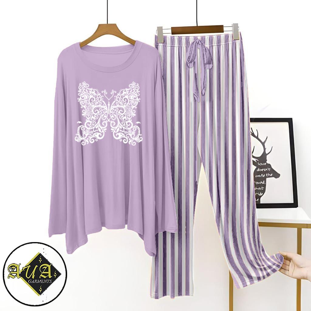 Purple Lining Trouser Printed Night Suit with Luxurious Lining Pajamas Stylish Sleepwear Set for a Cozy Night's Rest (002)