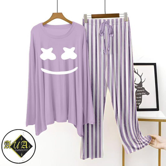 Purple Lining Trouser Printed Night Suit with Luxurious Lining Pajamas Stylish Sleepwear Set for a Cozy Night's Rest (002)