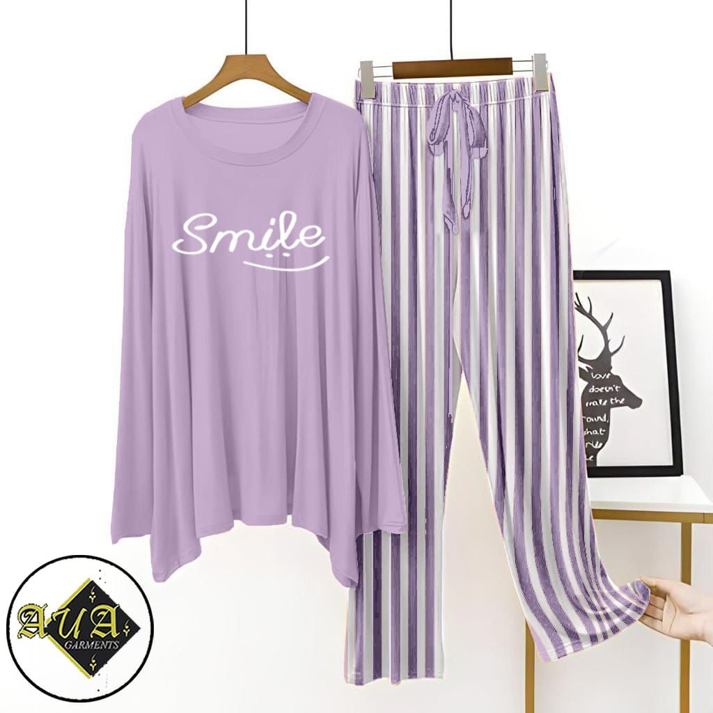 Purple Lining Trouser Printed Night Suit with Luxurious Lining Pajamas Stylish Sleepwear Set for a Cozy Night's Rest (002)