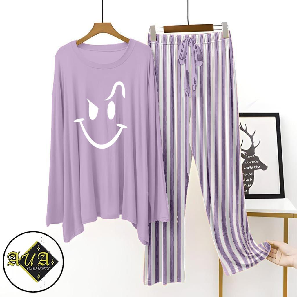 Purple Lining Trouser Printed Night Suit with Luxurious Lining Pajamas Stylish Sleepwear Set for a Cozy Night's Rest (002)