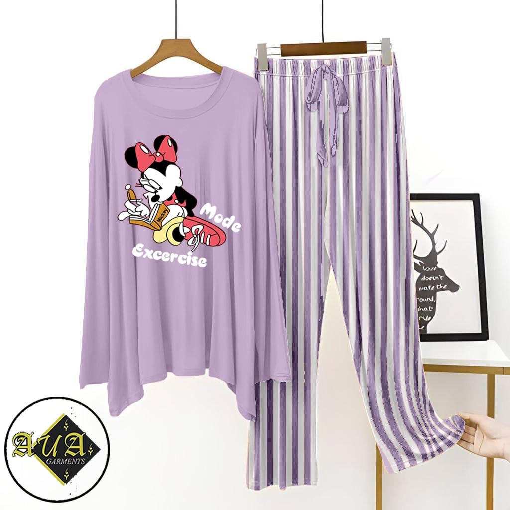 Purple Lining Trouser Printed Night Suit with Luxurious Lining Pajamas Stylish Sleepwear Set for a Cozy Night's Rest (002)